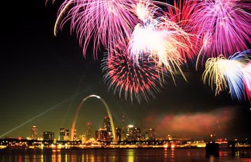 Saint Louis skyline with fireworks